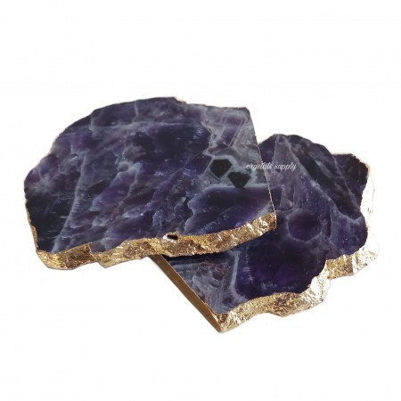 Amethyst Coasters With Gold Edge - Agate Coaster  Decoration Table Pad & Mads