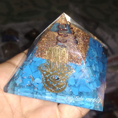 orgone pyramid with hamsa symbol - turquoise orgone pyramids